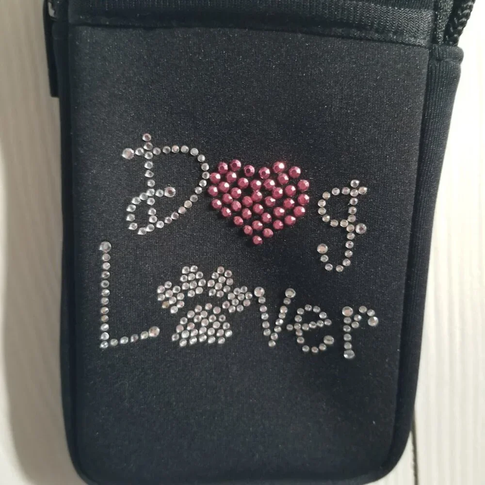 Pami Pocket Phone Holder Black Dog Lover Adjustable Strap Rhinestone Bling Y2K